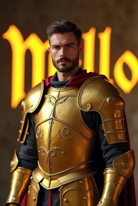 Knight of the Zodiac: man in gold armor of the Virgo sign, without helmet, Without Beard,  light skin color ,In the background the word MURILLO in gold, ultra real.