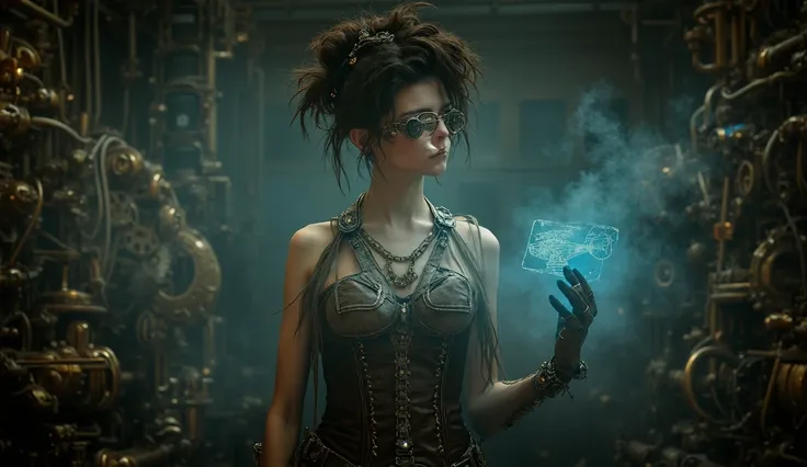 A young female inventor in a steampunk-inspired workshop filled with intricate brass machines, glowing blue energy cores, and clockwork gadgets. She wears a detailed leather corset, aviator goggles with a monocle lens, and fingerless gloves. Her hair is ti...