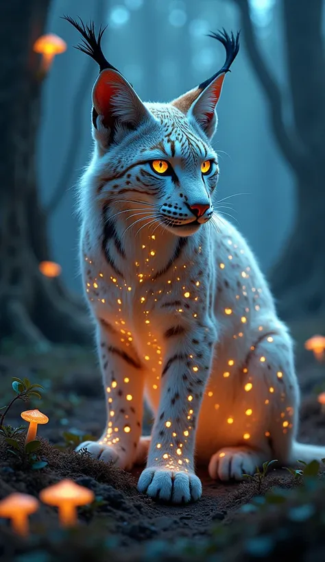 [Subject: A mythical lynx with exaggerated ear tufts and a majestic, almost regal pose in an enchanted forest, its fur glowing with an internal, supernatural light. The lynx’s fur is rich with intricate, fairy-like patterns in extra-natural, shifting color...