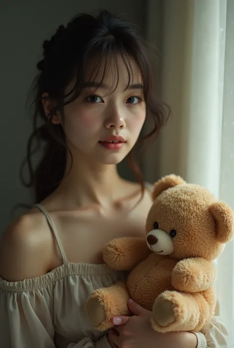 there is a woman that is holding a teddy bear in her hands, a picture inspired by Kim Du-ryang, tumblr, tachisme, nivanh chanthara, around 1 , 2 , very very low quality picture, 18 years old, 2 , 2 , 2 