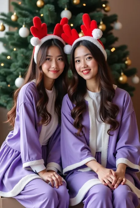  Portrait of 2 white Indonesian women aged 30 , and long brown hair wearing a purple Santa costume complete with accessories and a red deer ribbon on a Christmas themed head.they are sitting on a cube chair .  in the background there is a Christmas tree de...