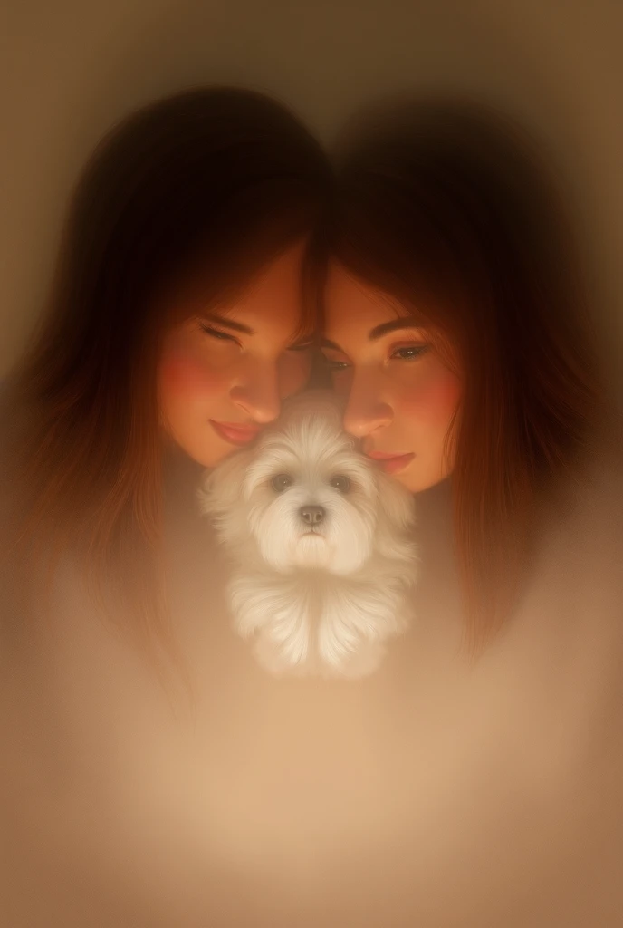 Both the mom and the daughter have dark brown hair. The maltese’s hair is shorter