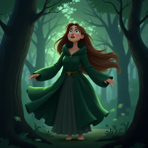 Wind Power :  Picture the atmosphere of the forest with the wind blowing ,  the leaves vibrating with magical shades .  This can show the feeling of unease experienced by Elara.
Elara,  witch either ,  in a dark green robe with long brown hair.  The image ...