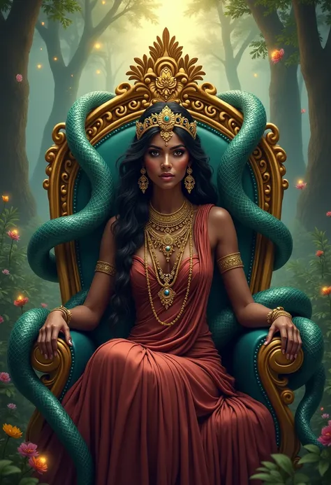 Digital art of a regal, dark-skinned Indian queen with intricate, golden jewelry and a crown adorned with precious gems, lounging on a lavish, ornate throne surrounded by a halo of soft, ethereal light, amidst a vibrant, enchanted forest filled with lush g...