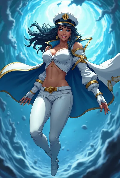  anime style ,  woman with exaggerated muscles and large breasts ,  deep ocean blue eyes and penetrating gaze ,  tanned brown skin , smiling out loud ,  shark-style sharp triangular teeth , pantalones de la marina de color blanco  with gold details , chaqu...