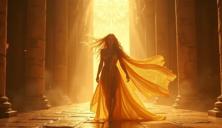 A full-body cinematic shot of Athenara, an awe-inspiring warrior queen with golden flowing hair, standing confidently in the center of a grand ancient temple. Her radiant armor glows as if forged by the sun itself, reflecting light onto the stone floor. Th...