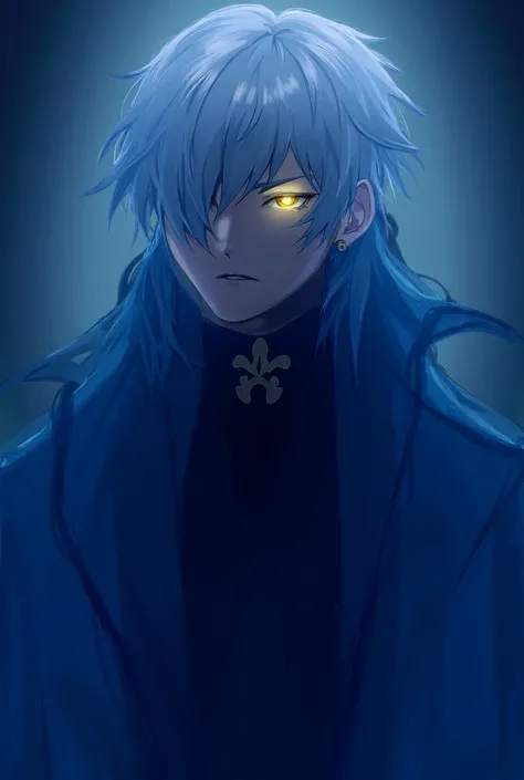 Teenager guy, black inner outfit, outer blue clothes, gray hair, gold eye, mysterious, anime, genshin impact style