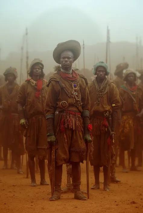 des soldats en tenues traditionnelle mandingue tendent un piege a des hommes,. ces hommes piegé ont des couteaux, et sont surpris dans la journée sur une piste. les soldats sont plus nombreux et plus fort.les hommes piegéa voulait tuer une servante du pala...