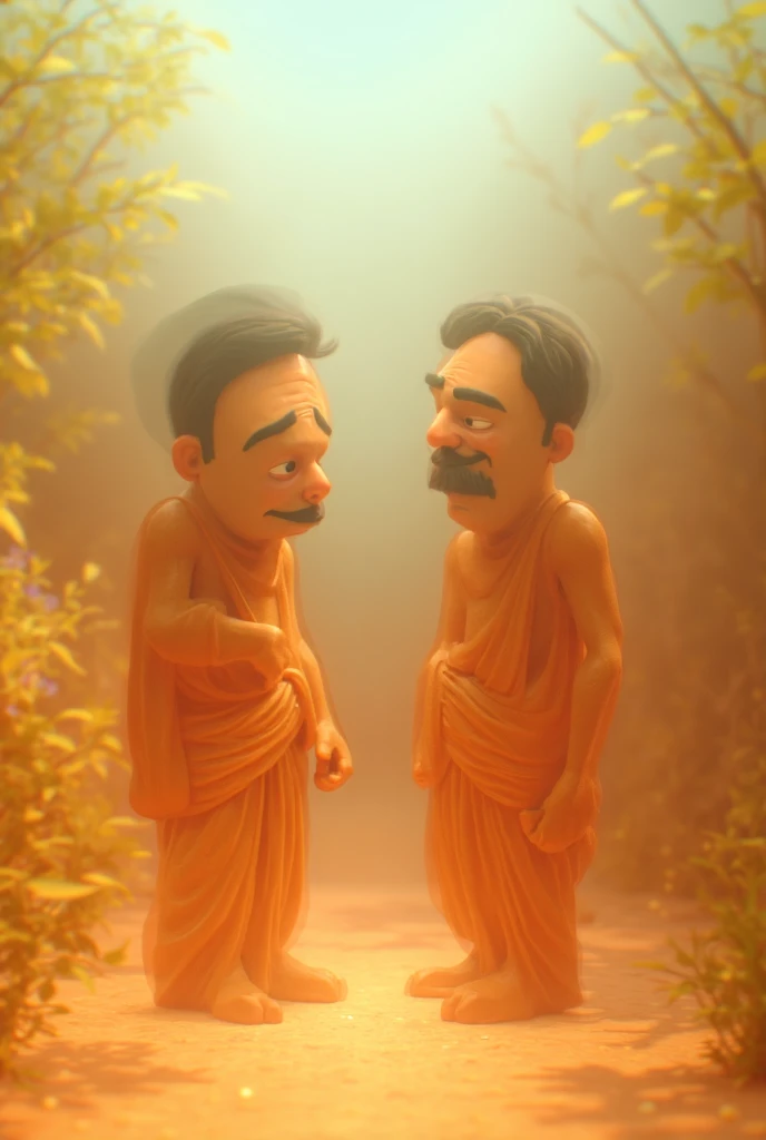 In cinematic 3d cartoon style "A small rural village with a vibrant atmosphere, showing two friends, Ramu and Shyamu, standing together near a small outdoor kitchen setup. Ramu, a humble and hardworking man, is bringing milk and rice in a small container, ...