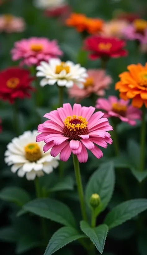 Capture a close-up of a vibrant flower garden, showcasing a variety of blossoms including pink, orange, red, and white zinnias amidst lush green leaves. Emphasize the soft textures and intricate details of the petals, with a slightly desaturated background...