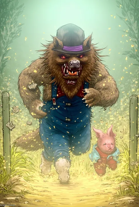 Create an image Character Reference:
Big bad wolf: a brown wolf wearing a purple-banded bowler hat and blue overalls held up by red suspenders.
1st Pig: Pig hes wearing a Blue shirt and grey pants.
2nd Pig: Pig hes wearing a Red shirt and cyan pants. 

The...