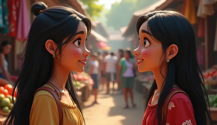 Wira 20 th years  old, meeting Laras, a young woman with long black hair and a gentle expression, at a bustling rural market. Stalls of colorful produce and fabrics surround them. Wira appears smitten, while Laras smiles warmly. Realistic, HD, vibrant colo...