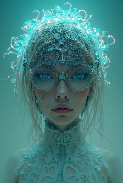 Ethereal Cyborg Woman, bioluminescent jellyfish tiara.  Steampunk glasses fuse with translucent tentacles . Cracked porcelain skin meets iridescent scales. Mechanical implants and delicate tendrils intertwine. Human characteristics with an otherworldly glo...