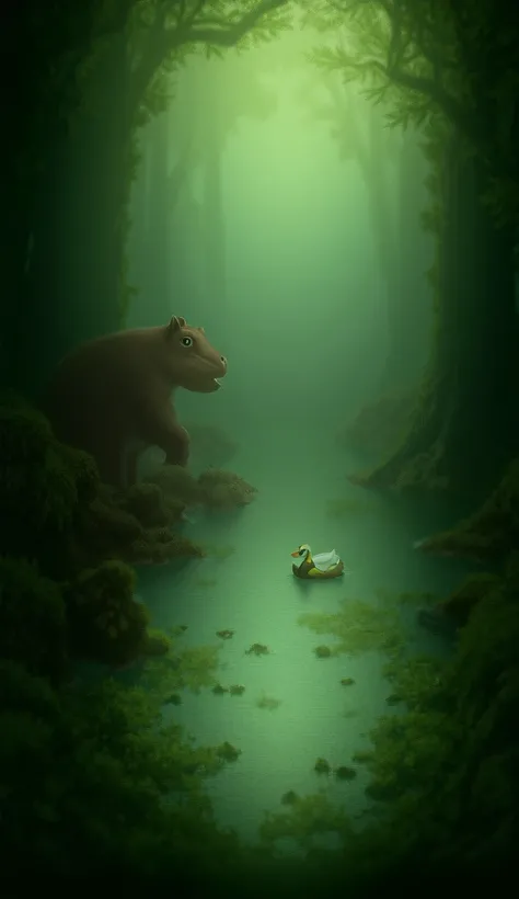 " A tapir and a duck meet face to face in a mystical forest ,  their differences in size and characteristics creating a fascinating scene . The tapir ,  with its sturdy body and smooth brown skin ,  stands next to the shore of a serene lake , your big and ...