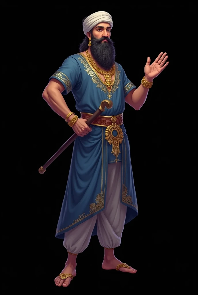 The image is a digital illustration of a man with a long beard and a turban on his head. He is wearing a traditional Indian outfit, which is a blue robe with gold embroidery and a gold belt. He has a gold necklace and earrings, and is holding a staff in hi...