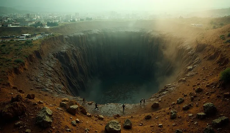 A very clear ultra hd dynamic image of"Three massive sinkholes forming in different parts of the world: one in an urban area, one in a forest, and one in a desert. People are running in panic as the ground collapses into a deep, dark abyss, creating a sens...