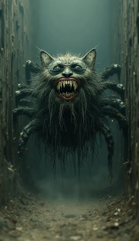 In cinematic 3D style, HD image, realistic image ,colourful image.
Character,A surreal depiction of a giant creature resembling a mix of a very old scary woman and a spider. The creature has the body of a spider with multiple hairy legs, the face of a cat ...