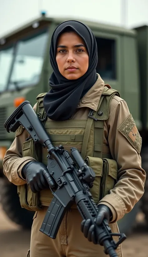 An Afghan female soldier, in her 30s, stands in front of a military truck, holding an M4A1 rifle, (wallpaper) (8k) (Full HD) (RAW)