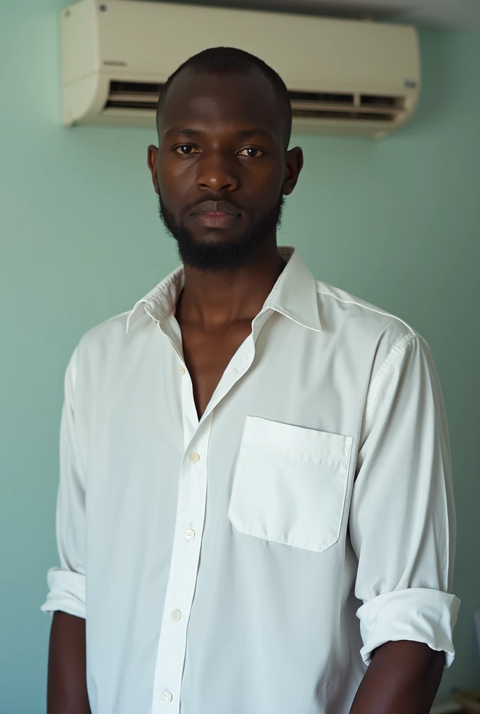 arafed man in white shirt standing in front of air conditioner, a picture inspired by Herbert MacNair, cg society contest winner, conceptual art, david uzochukwu, artistic pose, in the office, air conditioner, in office, adebanji alade, indoor picture, god...