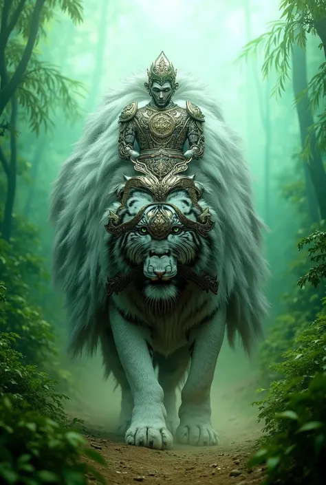 A majestic, large-sized white tiger with thick black stripes walks through a tropical mountain landscape. Riding a tiger is an Indonesian knight who has extraordinary gallantry. The knight wears intricately crafted armor with a unique Indonesian twist, fea...