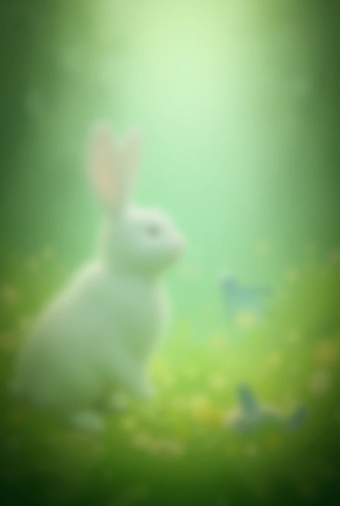 a white fluffy rabbit with long ears, sees the blue bird from far away trapped under a branch of tree from far away in the forest filled with flowers and lushes with blur background