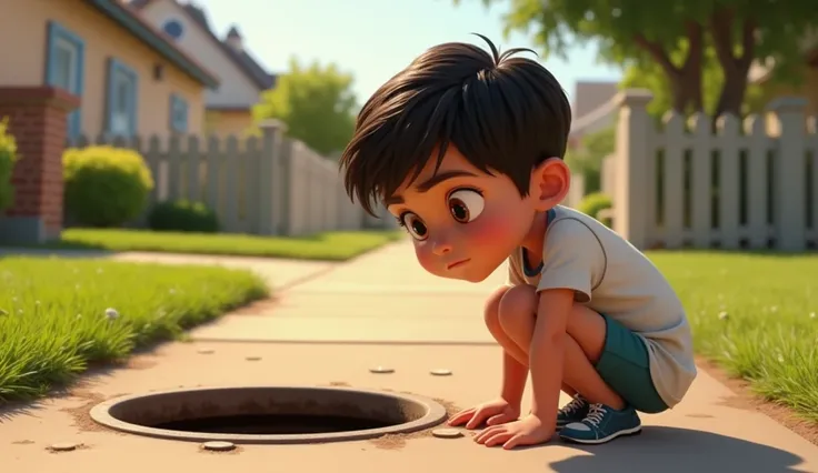 Disney Pixar style (Aryan kneeling near the drain, looking disappointed but also determined, realizing the coin is gone.