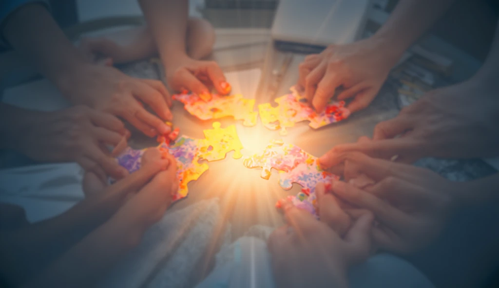 A close-up of multiple hands, each holding a colorful puzzle piece. The pieces are being assembled into a complete picture, with a glowing centerpiece representing a successful collaboration. The setting includes subtle corporate elements, like laptops and...