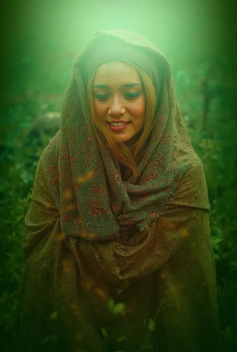 Indonesian woman in hijab is hugging a tiger in the wilderness