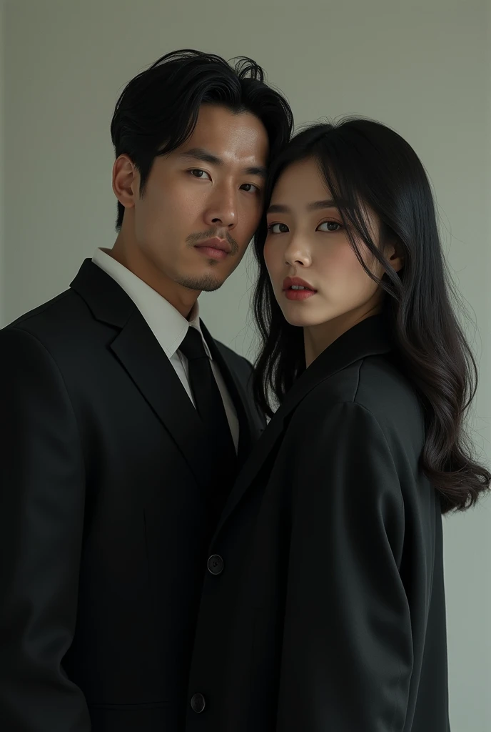 korean mafia couple, simple background 