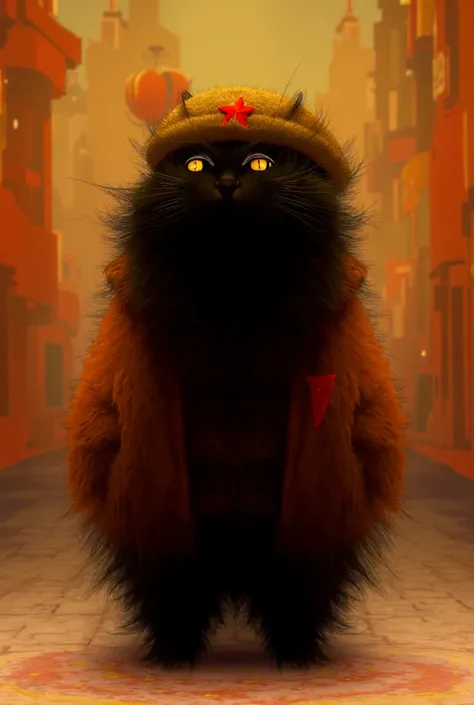 Black furry cat from the USSR in a cartoon anthropomorphic style 