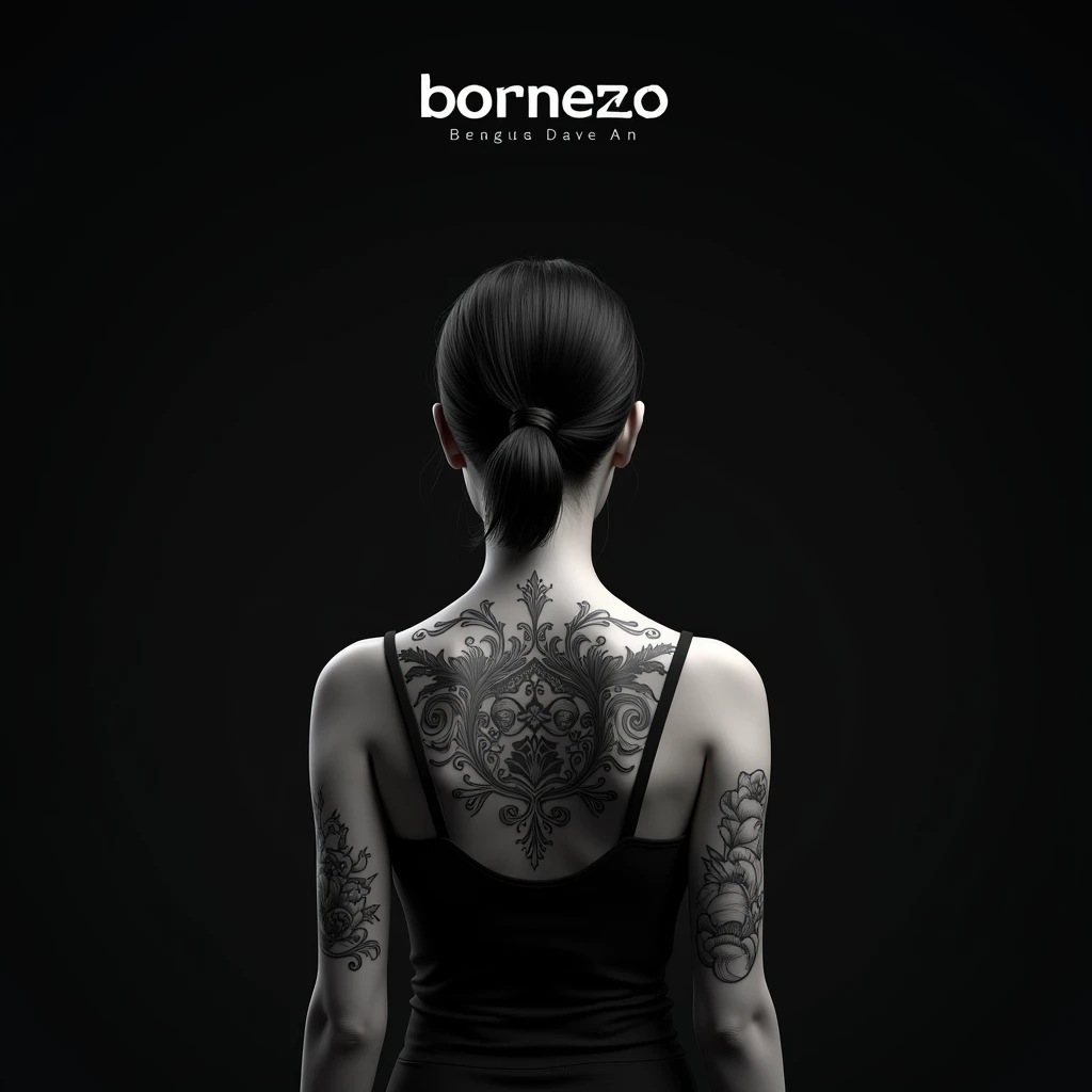 3D AI Logo text captioned names kecil dipunggung " Borneo " below ,  Cewek cantik bertato tampak punggung theme black and white  background with Black hair tied 