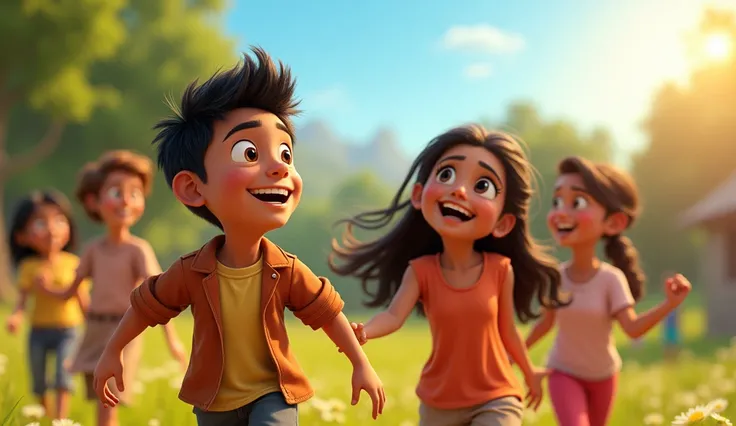 Disney Pixar style (The Group of Friends: Aryan and Maya with their friends, laughing and enjoying a sunny day, Aryan visibly more confident than before.