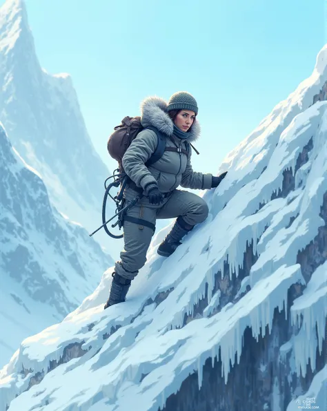 A woman climbing a snowy mountain