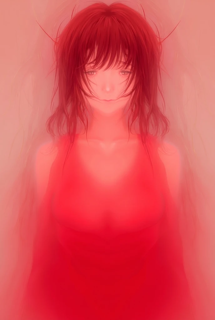 Create an image of a female anime dressed in a red outfit showing her breasts