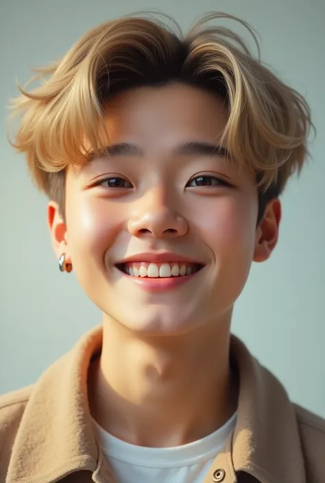 Korean boy, approximately 18 years old, smiling blond hair with earring, photo for social network in hyper realistic style