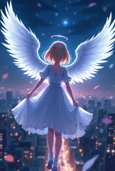 anime girl with angel wings flying over a city at night, an anime drawing by Yang J, pixiv contest winner, fantasy art, guweiz on pixiv artstation, guweiz on artstation pixiv, full - body majestic angel, anime art wallpaper 4 k, anime art wallpaper 4k, guw...