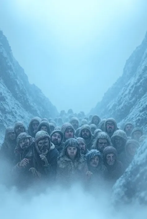 16 peoples were stuck between snow mountain please provide me a high resolution and realistic picture 