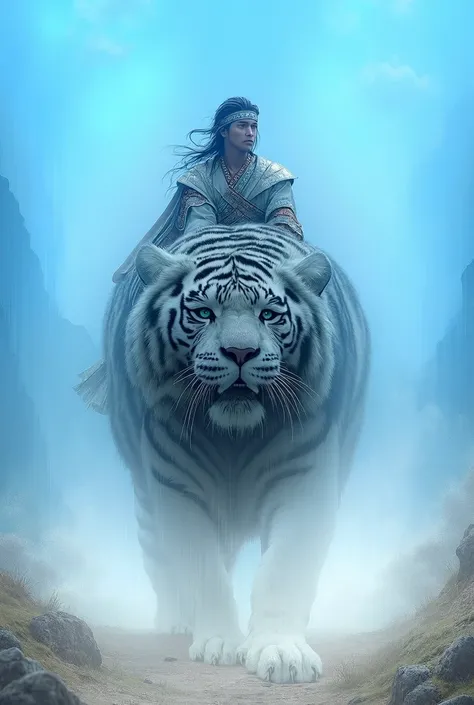 a majestic and large white tiger with thick black stripes walks through the mountains. Riding on the tiger was a young man with long black hair wearing a headband, wearing a royal battle robe, exuding confidence and calm. The terrain is surrounded by tower...