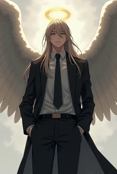 Generate images of an adult male character around 22 years old, He should have long straight hair that goes down to his back with bangs in a side parting, He should wear an open suit with a tie and dark pants, he should be in a pose of imposingness symboli...