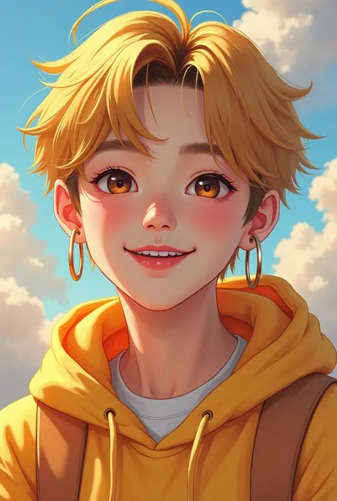 Koren boy , approximately 18 yeara old, smiling for social media picture,  toy hoop in one ear,  blonde hair,  dark brown eyes ,  k hyper realistic poper style 