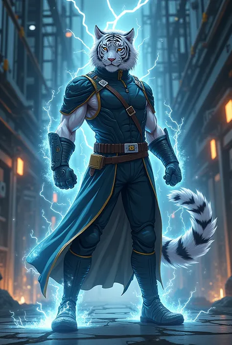 man,35 years old,anime stylization ,white tiger ears,white tiger tail,electrical forces,closed military uniform