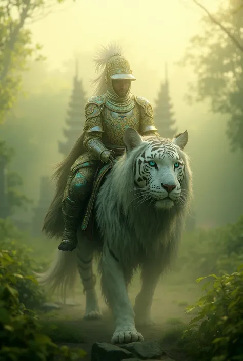 A Javanese knight of noble stature, riding a magnificent white tiger with regal grace. The knight wears traditional Javanese-inspired armor, intricately adorned with golden and emerald patterns resembling batik motifs. His helmet bears a Garuda crest, symb...