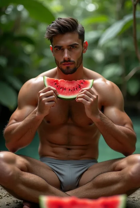 handsome young man,  wearing only underwear and carrying showing a bulge,eating watermelon, All little meladinho with open hairy legs .