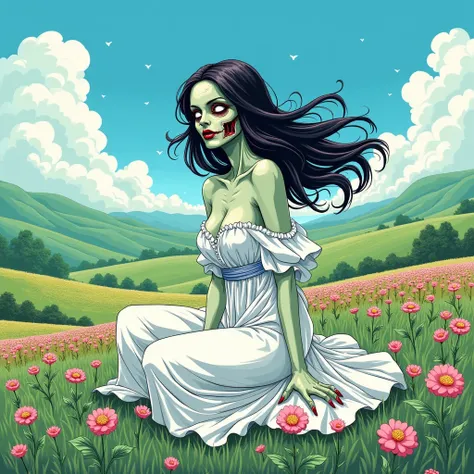 A Zombie women wearing white open shoulder dress sitting on the hill in flower field bright sky  japan comic style 