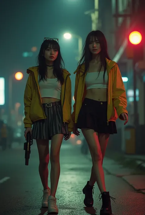  Photo of 2 beautiful Asian women   ,   World War scene z at night , On the street there are zombies ,  realistic zombie 4k detailed ,  2 women are holding a 9mm gold gun  , 2 women are walking ,  clothes white yellow and black ,  clothes are stained with ...