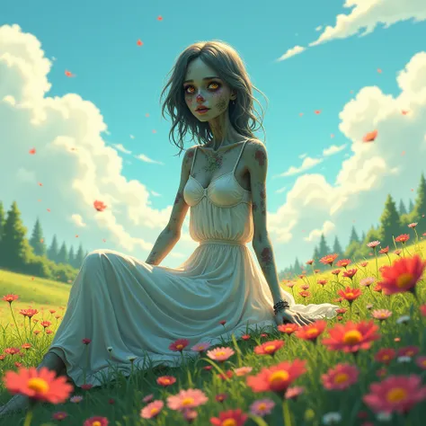 A Zombie women wearing white open shoulder dress sitting on the hill in flower field bright sky animation style 