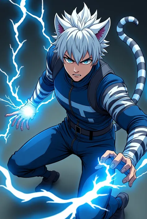 man,35 years old,anime stylization ,white tiger ears,white tiger tail,electrical forces,closed combat uniform, blue hair