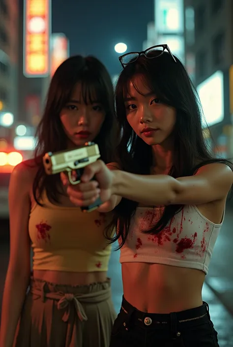  Photo of 2 beautiful Asian women   ,   World War scene z at night , On the street there are zombies ,  realistic zombie 4k detailed ,  zombie with the guts of its belly out blood oozing,  2 women are holding a 9mm gold gun  , firearm, detailed gun realist...