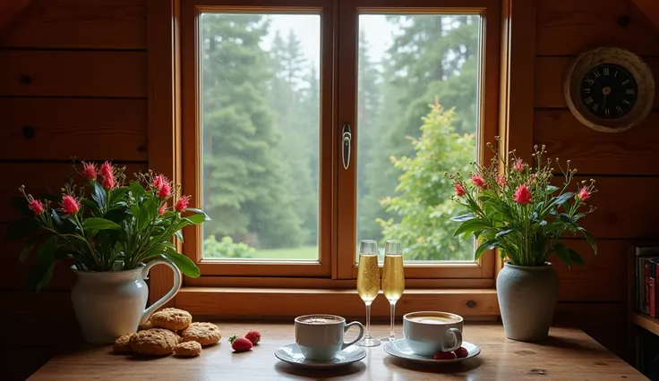 Image of a wooden window in a camping house, trees with beautiful flowers and a table with a hot coffee and some delicious champurradas, rainy outside