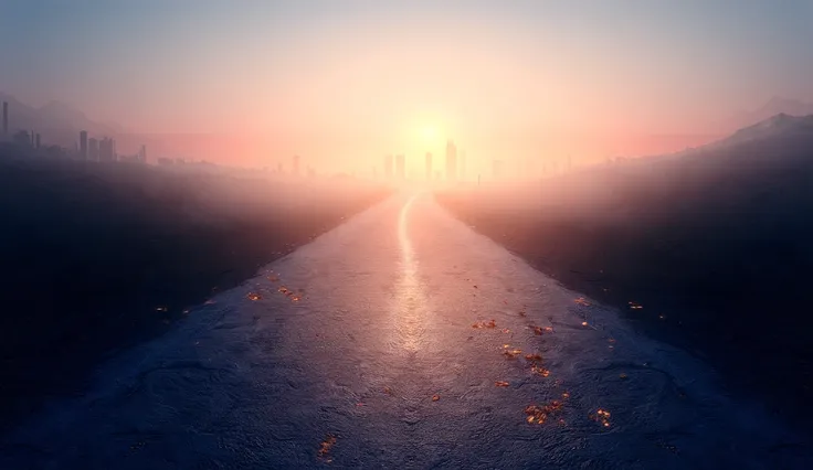 A sleek road winding upward toward a glowing graph at the peak, lined with scattered dollar bills and gold coins along the path. The backdrop includes a futuristic city skyline at sunset.